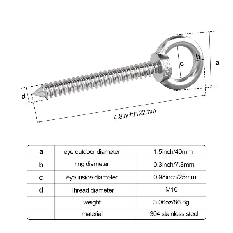KIBBEH 5-Inch M10 Heavy Duty Eye Hooks, 304 Stainless Steel Self Tapping Eyelet Screw – 700LBS Load Capacity for Secure Hammock, Swing Chair, & Yoga Use (2 Pack) - Image 4